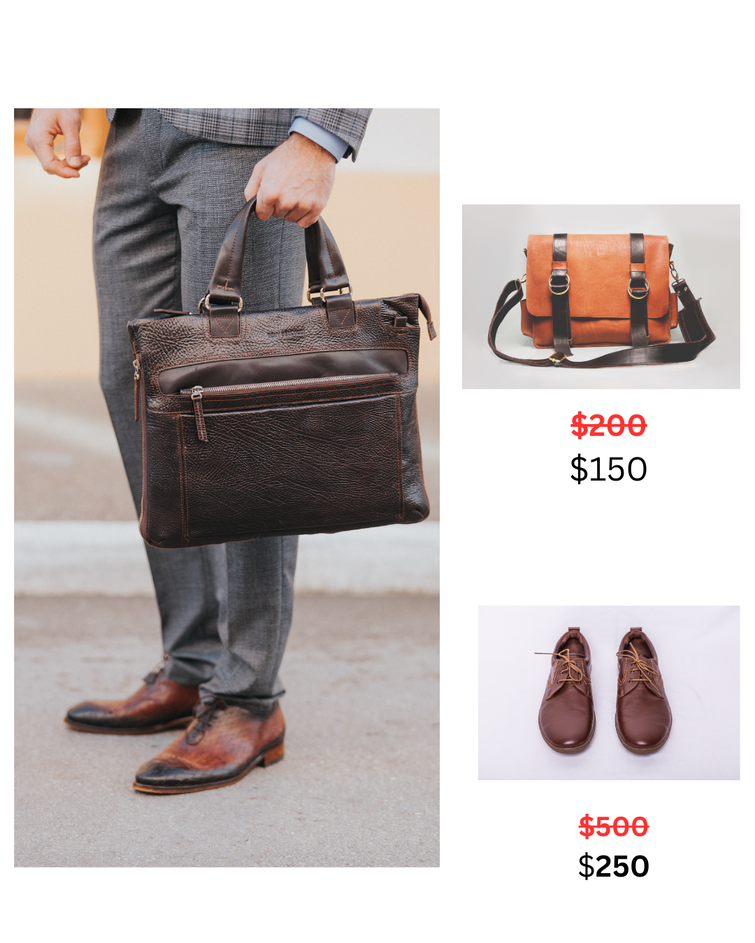 Man holding a brown bag. Left part of the image shows bags and shoes with discounts.